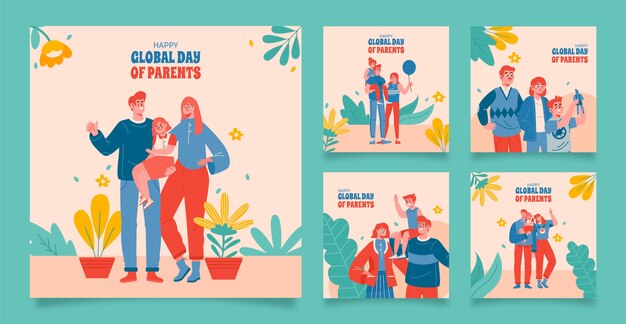 Colección plana de publicaciones de instagram del día mundial de los padres