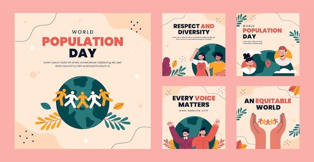 Colección plana de publicaciones de instagram para el día mundial de la población