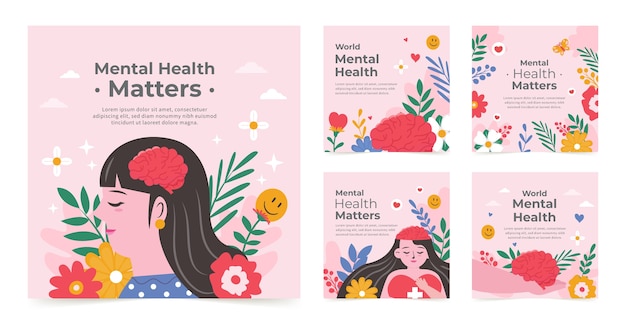 Vector gratuito colección plana de publicaciones de instagram del día mundial de la salud mental