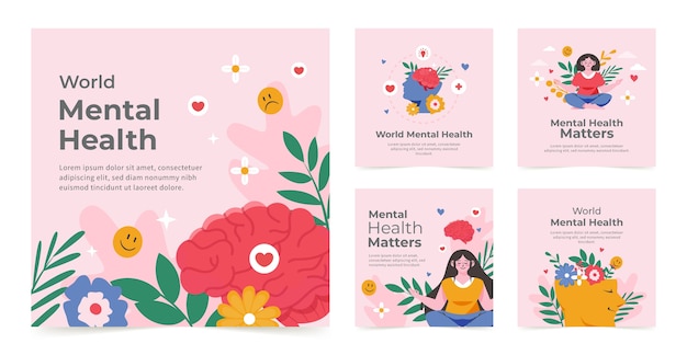 Vector gratuito colección plana de publicaciones de instagram del día mundial de la salud mental