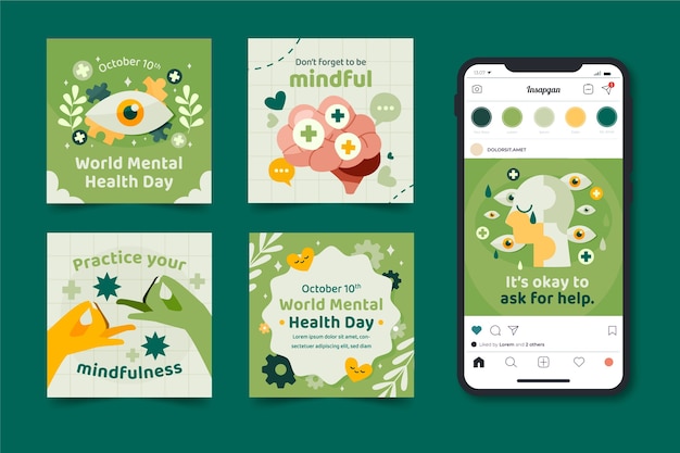 Vector gratuito colección plana de publicaciones de instagram del día mundial de la salud mental