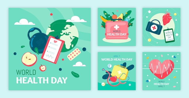 Vector gratuito colección plana de publicaciones de instagram del día mundial de la salud