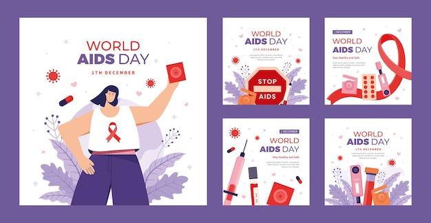 Colección plana de publicaciones de instagram del día mundial del sida