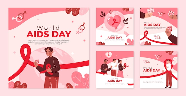 Vector gratuito colección plana de publicaciones de instagram del día mundial del sida