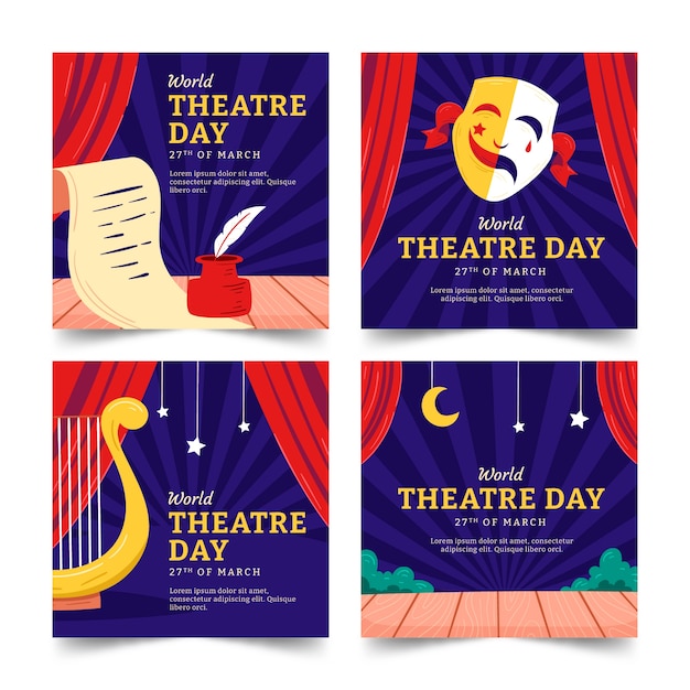 Vector gratuito colección plana de publicaciones de instagram del día mundial del teatro