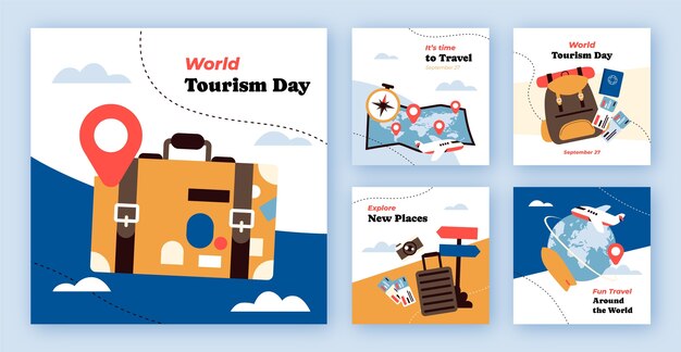Colección plana de publicaciones de instagram para el día mundial del turismo