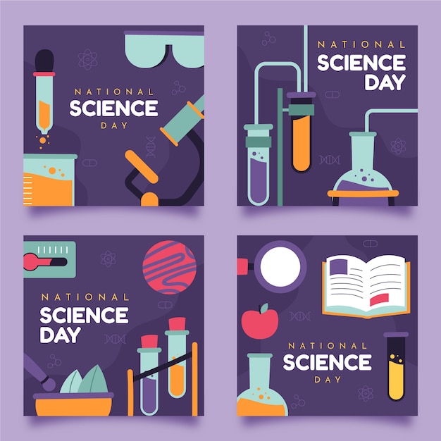 Vector gratuito colección plana de publicaciones de instagram del día nacional de la ciencia
