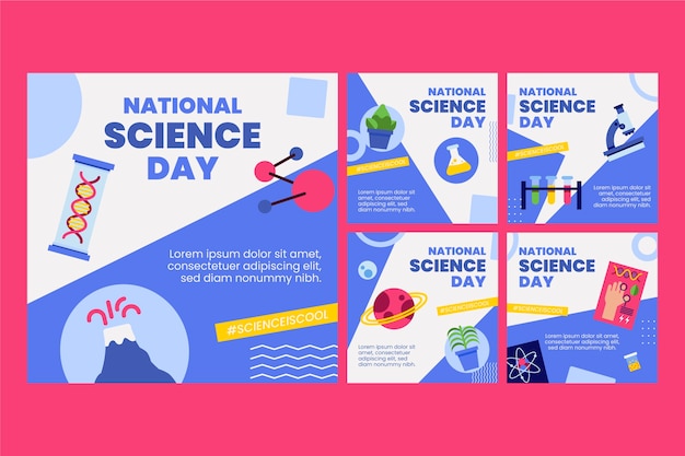 Colección plana de publicaciones de instagram del día nacional de la ciencia