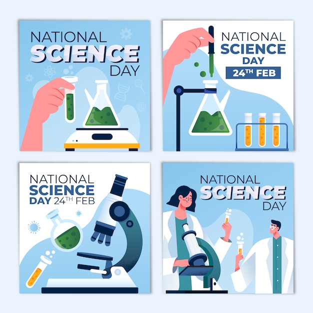 Vector gratuito colección plana de publicaciones de instagram del día nacional de la ciencia