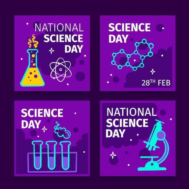 Colección plana de publicaciones de instagram del día nacional de la ciencia