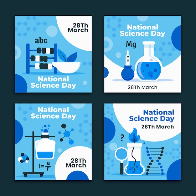 Vector gratuito colección plana de publicaciones de instagram del día nacional de la ciencia