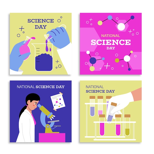 Vector gratuito colección plana de publicaciones de instagram del día nacional de la ciencia