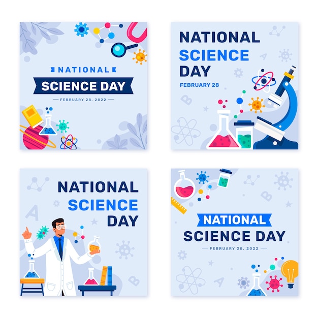 Vector gratuito colección plana de publicaciones de instagram del día nacional de la ciencia