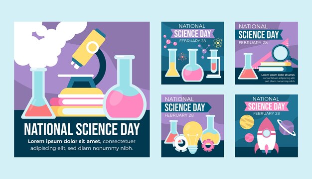 Colección plana de publicaciones de instagram del día nacional de la ciencia