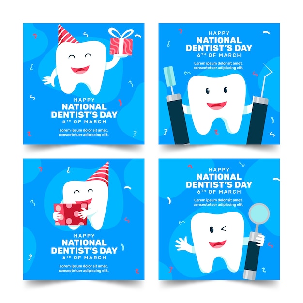 Colección plana de publicaciones de instagram del día nacional del dentista