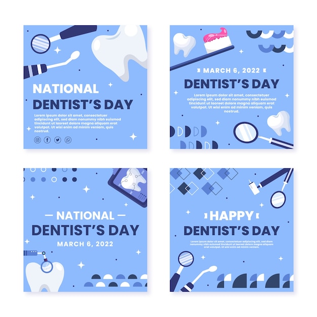 Vector gratuito colección plana de publicaciones de instagram del día nacional del dentista