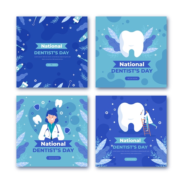 Vector gratuito colección plana de publicaciones de instagram del día nacional del dentista