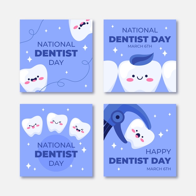 Vector gratuito colección plana de publicaciones de instagram del día nacional del dentista