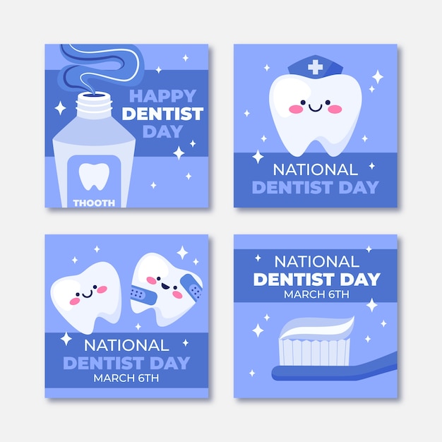 Vector gratuito colección plana de publicaciones de instagram del día nacional del dentista