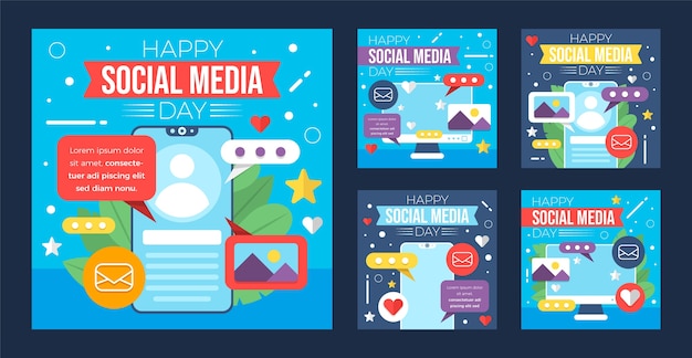 Vector gratuito colección plana de publicaciones de instagram del día de las redes sociales