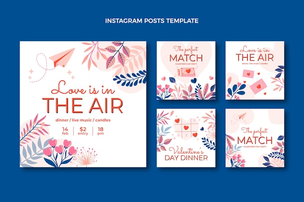 Vector gratuito colección plana de publicaciones de instagram del día de san valentín