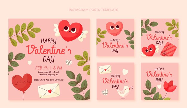 Vector gratuito colección plana de publicaciones de instagram del día de san valentín