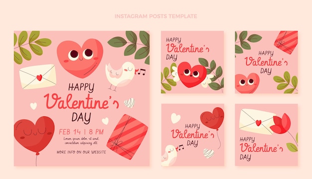 Vector gratuito colección plana de publicaciones de instagram del día de san valentín