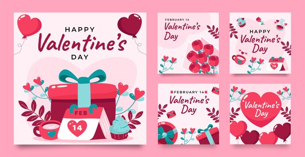 Colección plana de publicaciones de instagram del día de san valentín