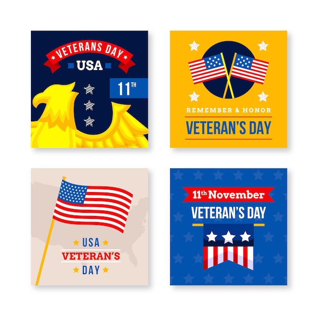 Colección plana de publicaciones de instagram del día de los veteranos