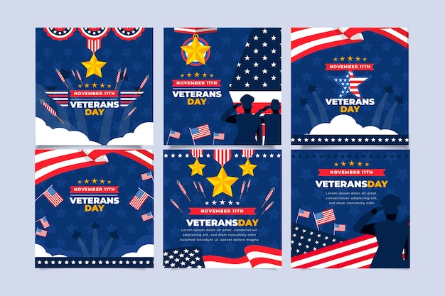 Vector gratuito colección plana de publicaciones de instagram del día de los veteranos