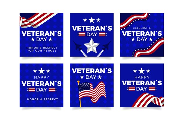 Colección plana de publicaciones de instagram del día de los veteranos