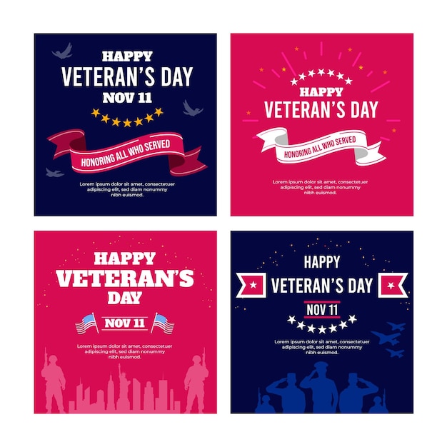 Colección plana de publicaciones de instagram del día de los veteranos