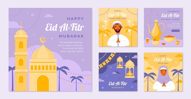Colección plana de publicaciones de instagram de eid al-fitr