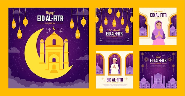 Vector gratuito colección plana de publicaciones de instagram de eid al-fitr