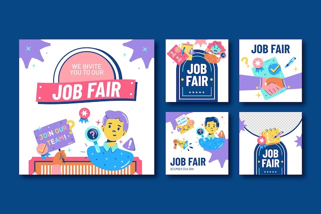 Vector gratuito colección plana de publicaciones de instagram para evento de feria de empleo.