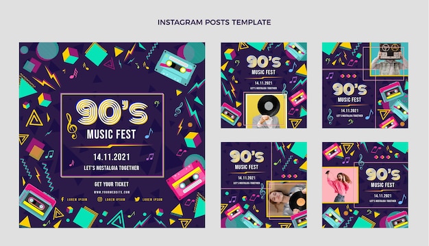 Colección plana de publicaciones de instagram del festival de música nostálgica de los 90