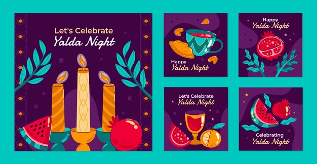 Colección plana de publicaciones de instagram para el festival nocturno de yalda.