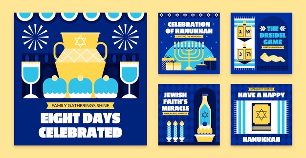 Colección plana de publicaciones de instagram para la festividad judía de hanukkah