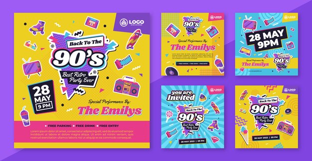 Colección plana de publicaciones de instagram de fiesta de los 90