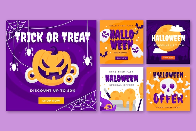 Vector gratuito colección plana de publicaciones de instagram de halloween