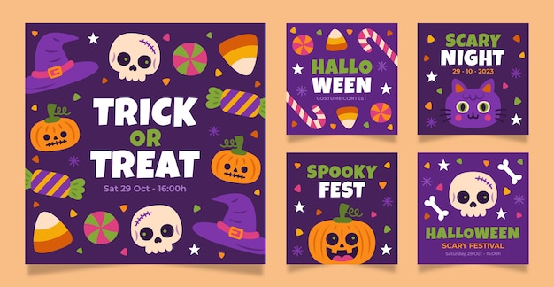 Vector gratuito colección plana de publicaciones de instagram de halloween