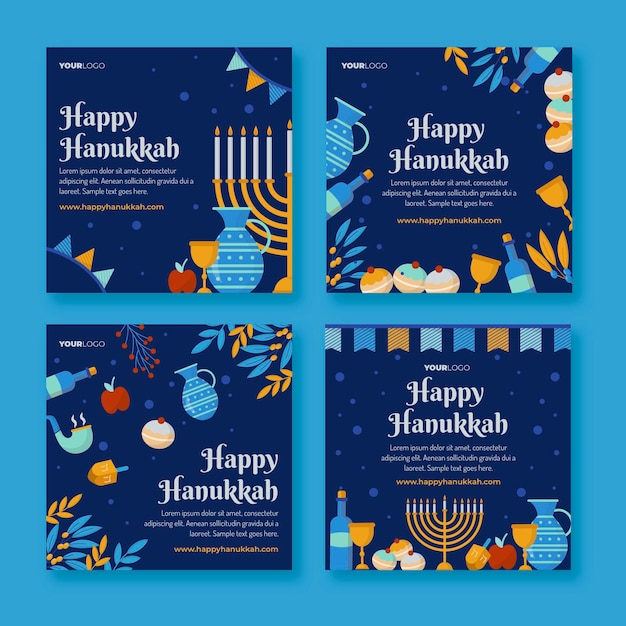 Vector gratuito colección plana de publicaciones de instagram de hanukkah