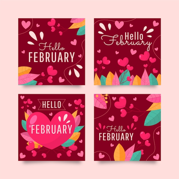 Colección plana de publicaciones de instagram de hola febrero