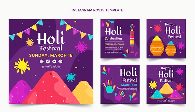 Vector gratuito colección plana de publicaciones de instagram de holi