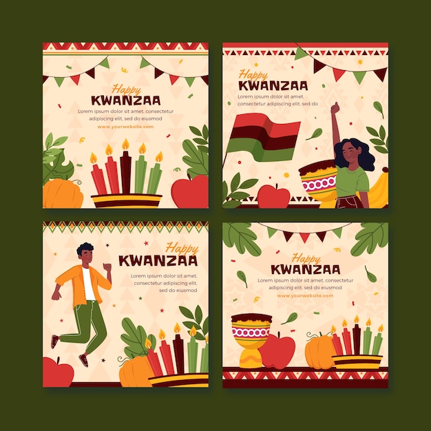 Vector gratuito colección plana de publicaciones de instagram de kwanzaa