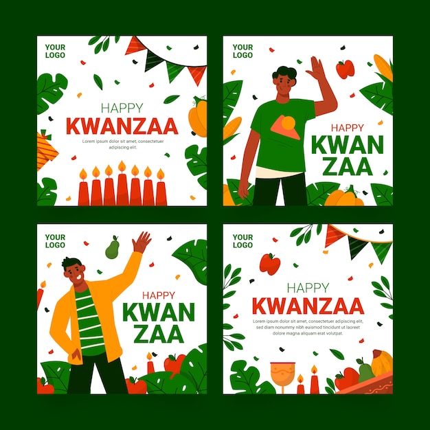 Vector gratuito colección plana de publicaciones de instagram de kwanzaa