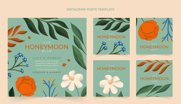 Colección plana de publicaciones de instagram de luna de miel