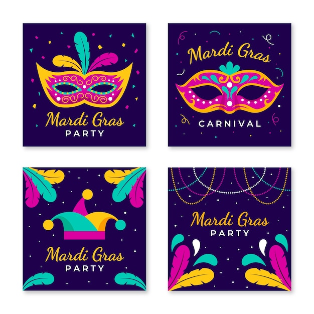 Vector gratuito colección plana de publicaciones de instagram de mardi gras