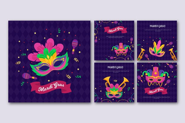 Vector gratuito colección plana de publicaciones de instagram de mardi gras