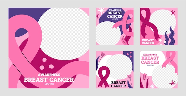 Vector gratuito colección plana de publicaciones de instagram del mes de concientización sobre el cáncer de mama